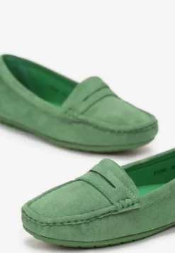 Zielone Wsuwane Mokasyny na Płaskiej Podeszwie z Przeszyciami Titalona