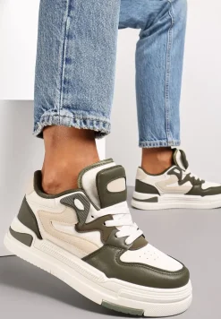 Zieloneo-Białe Sneakersy Ozdobione Wstawkami i Perforacją z Imitacji Skóry Cressia