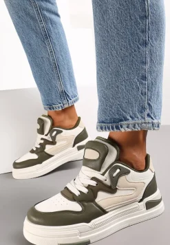 Zieloneo-Białe Sneakersy Ozdobione Wstawkami i Perforacją z Imitacji Skóry Cressia