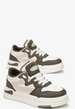 Zieloneo-Białe Sneakersy Ozdobione Wstawkami i Perforacją z Imitacji Skóry Cressia