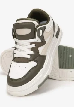 Zieloneo-Białe Sneakersy Ozdobione Wstawkami i Perforacją z Imitacji Skóry Cressia