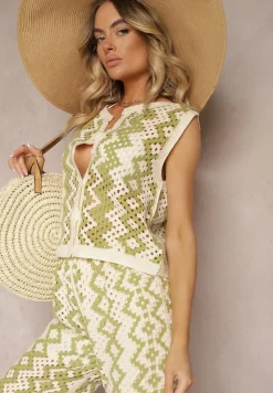 Zielono-Beżowa Bawełniana Bluzka Kamizelka o Ażurowym Wykończeniu z Zapięciem na Guziki Avetta