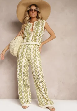 Zielono-Beżowa Bawełniana Bluzka Kamizelka o Ażurowym Wykończeniu z Zapięciem na Guziki Avetta