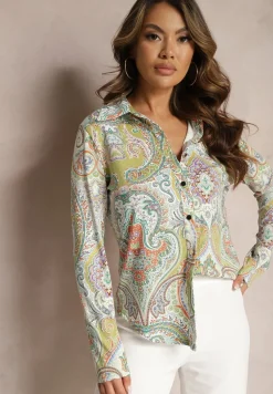 Zielono-Beżowa Koszula na Guziki z Długim Rękawem i Orientalnym Motywem Navinessa
