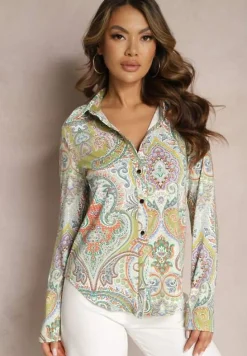 Zielono-Beżowa Koszula na Guziki z Długim Rękawem i Orientalnym Motywem Navinessa