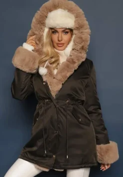 Zielono-Beżowa Kurtka Typu Parka z Kapturem Zdobiona Futerkiem z Możliwością Odpięcia Valinora