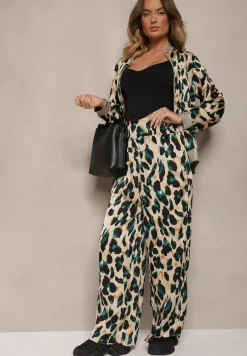 ZIelono-Beżowa Panterkowa Kurtka w Stylu Bomberki Ozdobiona Ściągaczami Rinnovaria