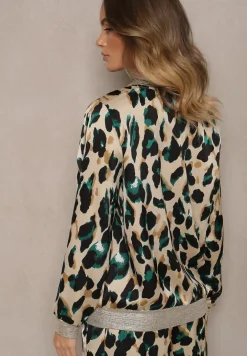 ZIelono-Beżowa Panterkowa Kurtka w Stylu Bomberki Ozdobiona Ściągaczami Rinnovaria