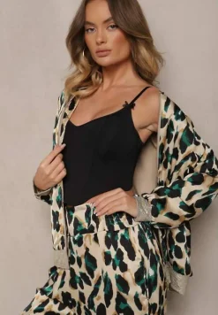 ZIelono-Beżowa Panterkowa Kurtka w Stylu Bomberki Ozdobiona Ściągaczami Rinnovaria