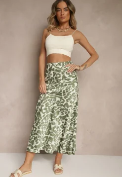 Zielono-Beżowa Panterkowa Spódnica z Wiskozy High Waist Fevirellea