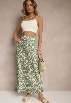 Zielono-Beżowa Panterkowa Spódnica z Wiskozy High Waist Fevirellea