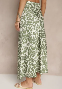 Zielono-Beżowa Panterkowa Spódnica z Wiskozy High Waist Fevirellea