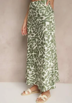 Zielono-Beżowa Panterkowa Spódnica z Wiskozy High Waist Fevirellea