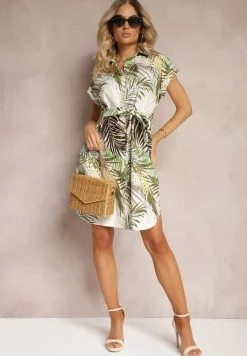 Zielono-Beżowa Sukienka z Bawełny z Krótkim Rękawem z Materiałowym Paskiem i Guzikami Pavilla