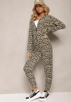 Zielono-Beżowy Welurowy Komplet Dresowy w Panterkowy Wzór Arvile