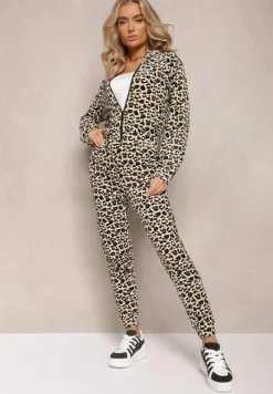 Zielono-Beżowy Welurowy Komplet Dresowy w Panterkowy Wzór Arvile