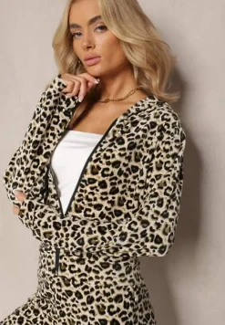 Zielono-Beżowy Welurowy Komplet Dresowy w Panterkowy Wzór Arvile