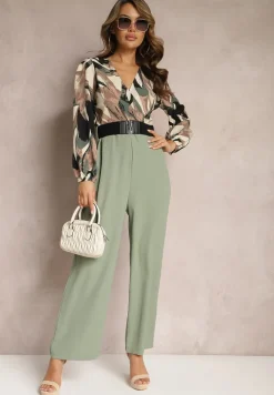 Zielono-Beżowy Kopertowy Kombinezon z Paskiem i Szerokimi Spodniami Nittama