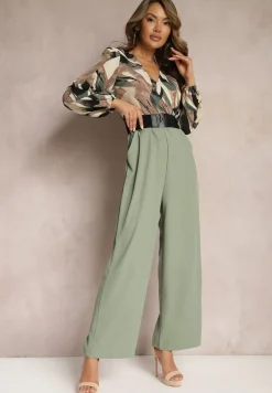 Zielono-Beżowy Kopertowy Kombinezon z Paskiem i Szerokimi Spodniami Nittama
