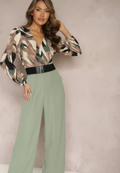 Zielono-Beżowy Kopertowy Kombinezon z Paskiem i Szerokimi Spodniami Nittama