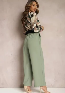 Zielono-Beżowy Kopertowy Kombinezon z Paskiem i Szerokimi Spodniami Nittama