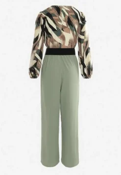 Zielono-Beżowy Kopertowy Kombinezon z Paskiem i Szerokimi Spodniami Nittama