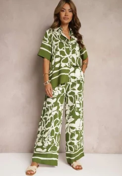 Zielono-Beżowy Letni Komplet Luźna Koszula z Krótkim Rękawem Szerokie Spodnie z Gumką w Talii Vikiimina