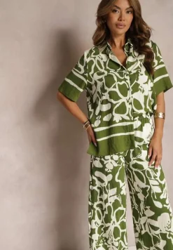 Zielono-Beżowy Letni Komplet Luźna Koszula z Krótkim Rękawem Szerokie Spodnie z Gumką w Talii Vikiimina