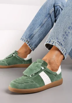 Zielono-Białe Sneakersy na Płaskiej Podeszwie ze Skóry Wykończone Zamszową Wstawką Milirae