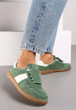 Zielono-Białe Sneakersy na Płaskiej Podeszwie ze Skóry Wykończone Zamszową Wstawką Milirae