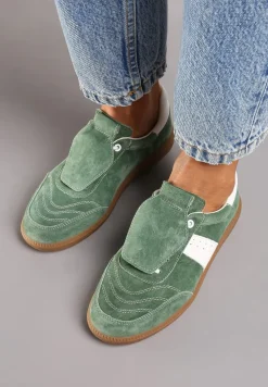 Zielono-Białe Sneakersy na Płaskiej Podeszwie ze Skóry Wykończone Zamszową Wstawką Milirae