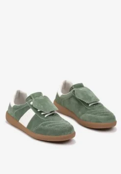 Zielono-Białe Sneakersy na Płaskiej Podeszwie ze Skóry Wykończone Zamszową Wstawką Milirae