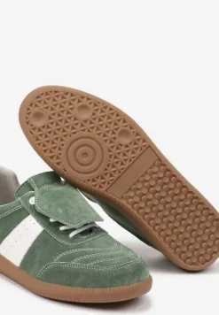 Zielono-Białe Sneakersy na Płaskiej Podeszwie ze Skóry Wykończone Zamszową Wstawką Milirae