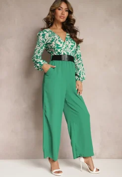 Zielono-Biały Kombinezon w Print z Paskiem i Szerokimi Nogawkami Stuvana