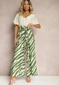 Zielono-Biały Kombinezon z Materiałowym Paskiem i Szerokimi Rękawami Nellda