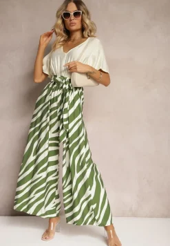 Zielono-Biały Kombinezon z Materiałowym Paskiem i Szerokimi Rękawami Nellda