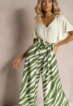 Zielono-Biały Kombinezon z Materiałowym Paskiem i Szerokimi Rękawami Nellda