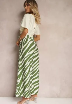 Zielono-Biały Kombinezon z Materiałowym Paskiem i Szerokimi Rękawami Nellda