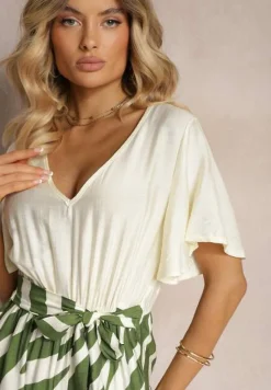 Zielono-Biały Kombinezon z Materiałowym Paskiem i Szerokimi Rękawami Nellda