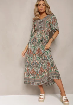 Zielono-Brązowa Wiskozowa Sukienka Maxi z Gumką w Pasie Ozdobiona Wzorem Paisley Larite