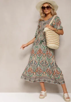 Zielono-Brązowa Wiskozowa Sukienka Maxi z Gumką w Pasie Ozdobiona Wzorem Paisley Larite