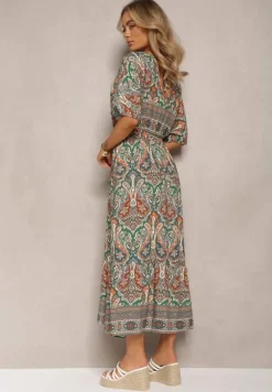 Zielono-Brązowa Wiskozowa Sukienka Maxi z Gumką w Pasie Ozdobiona Wzorem Paisley Larite