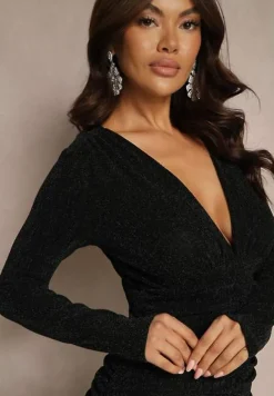 Zielono-Czarna Taliowana Sukienka z Wiskozą Metaliczną Nicią i Marszczeniem Ninnilea