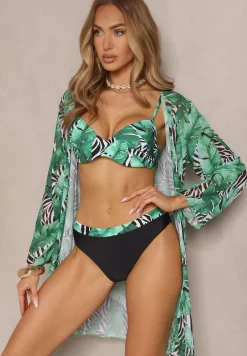 Zielono-Czarne Bikini Majtki Figi Biustonosz i Siateczkowa Narzutka Folanisse