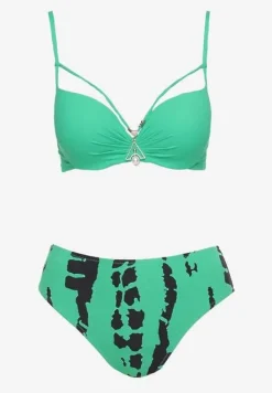 Zielono-Czarne Bikini Strój Dwuczęściowy Biustonosz z Regulowanymi Ramiączkami Majtki High Waist Laloen
