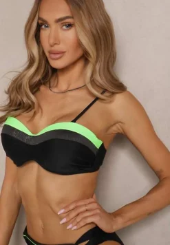 Zielono-Czarne Bikini z Metaliczną Nicią Usztywniany Biustonosz i Figi Mitelle