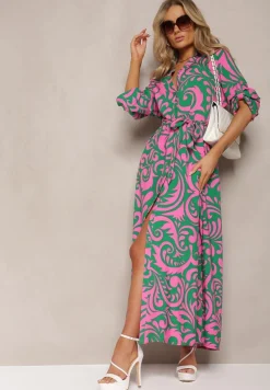 Zielono-Fuksjowa Sukienka Koszulowa Maxi z Materiałowym Paskiem w Abstrakcyjny Print Lirans