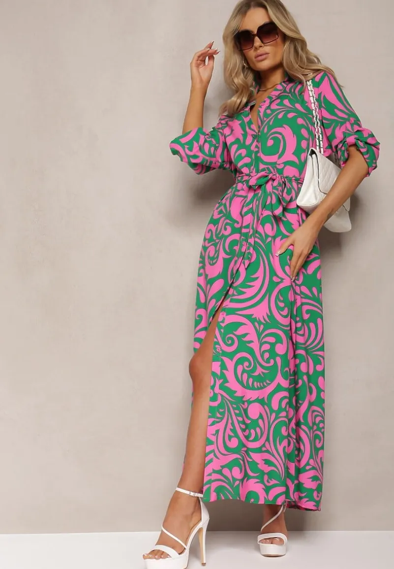 Zielono-Fuksjowa Sukienka Koszulowa Maxi z Materiałowym Paskiem w Abstrakcyjny Print Lirans