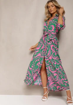 Zielono-Fuksjowa Sukienka Koszulowa Maxi z Materiałowym Paskiem w Abstrakcyjny Print Lirans