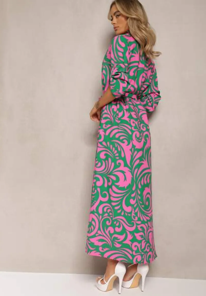 Zielono-Fuksjowa Sukienka Koszulowa Maxi z Materiałowym Paskiem w Abstrakcyjny Print Lirans